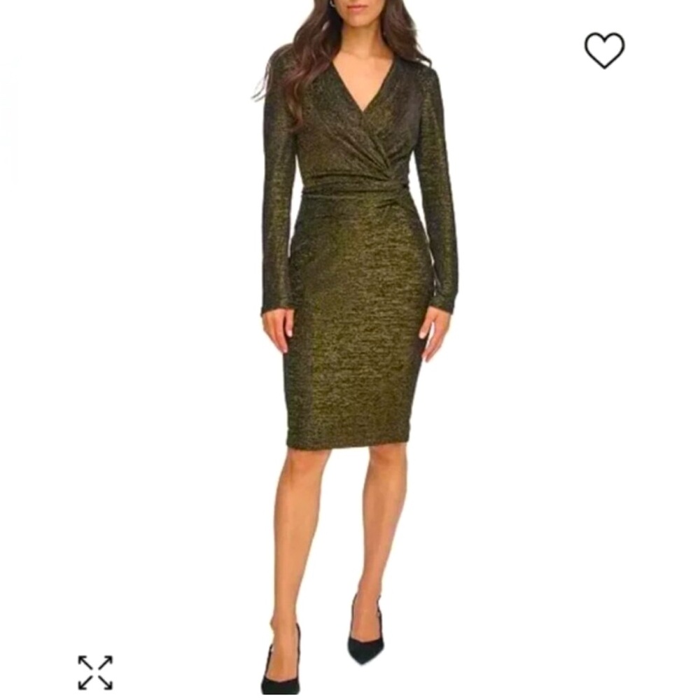 NWT Calvin Klein Black Gold Metallic Faux-Wrap Dress